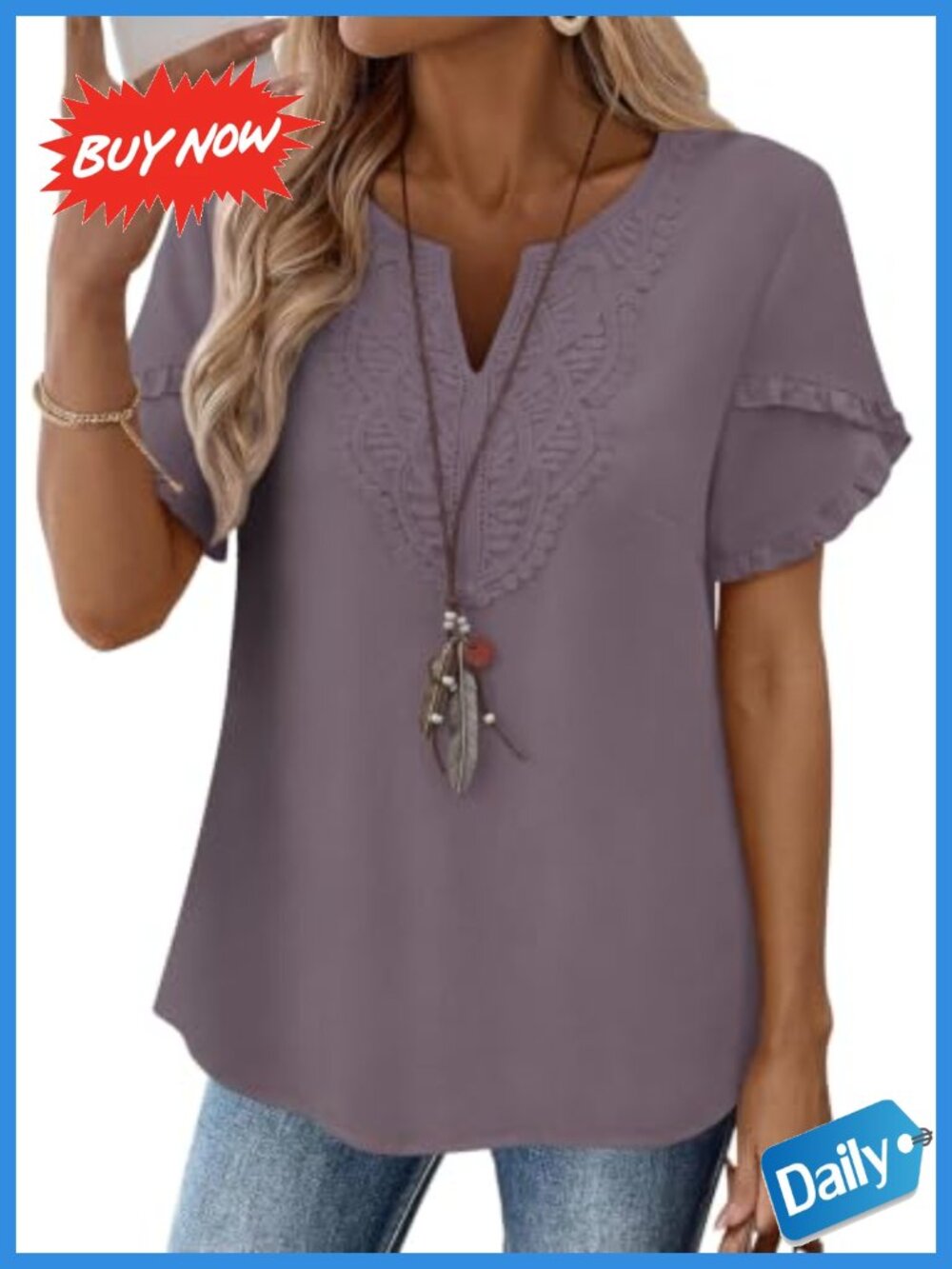 Women's Boho Lace V-Neck Ruffle Sleeve Summer Blouse